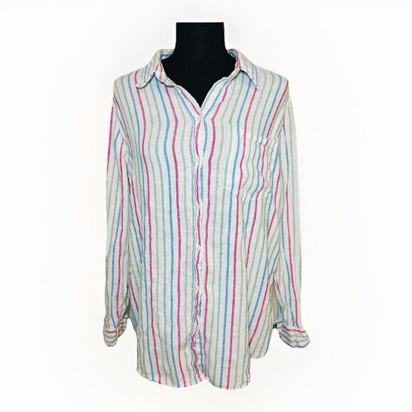 GAP Multi-Color Stripe Linen Blend Long Sleeve Button Up Shirt Top Women's LARGE - Picture 1 of 11